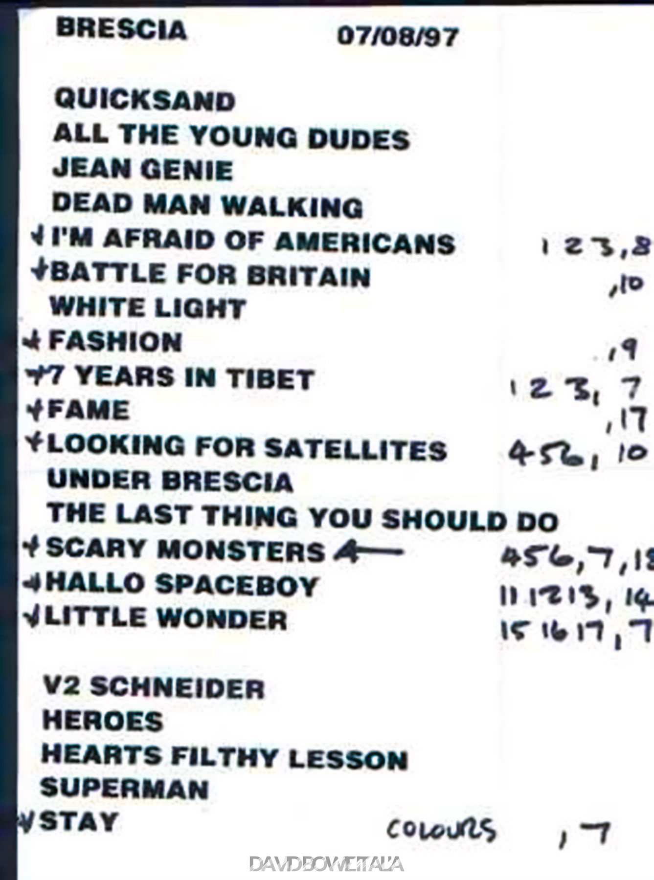 David Bowie Earthling Tour Brescia 8 luglio 1997 Scaletta