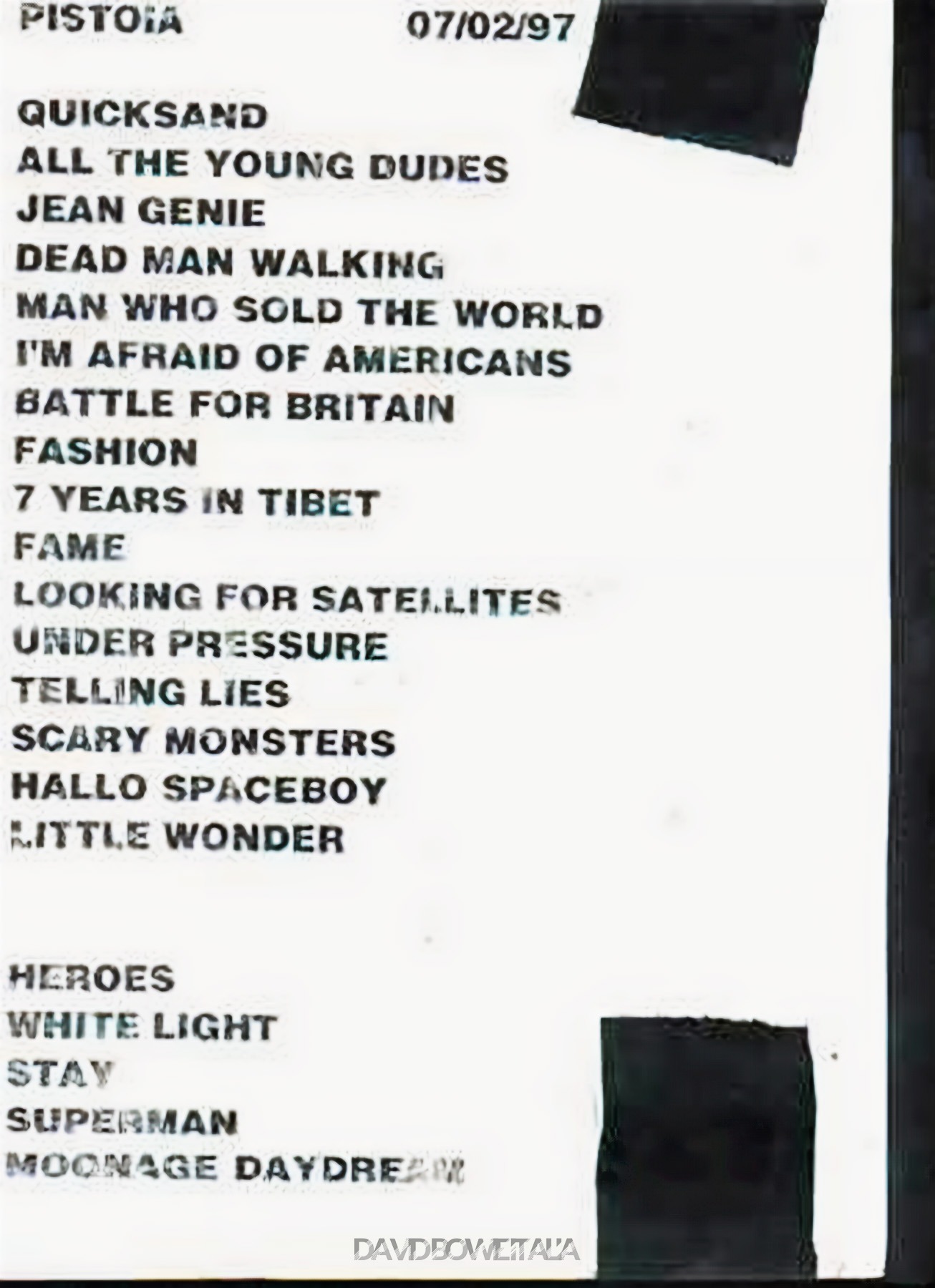 David Bowie Earthling Tour Pistoia 2 Luglio 1997 Scaletta