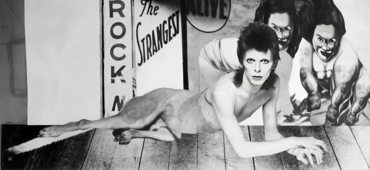 Diamond Dogs: ululati dal futuro 30 Il collage originale in bianco e nero della sessione fotografica con Terry O'Neill: Bowie posa davanti ai pannelli dipinti del freak show