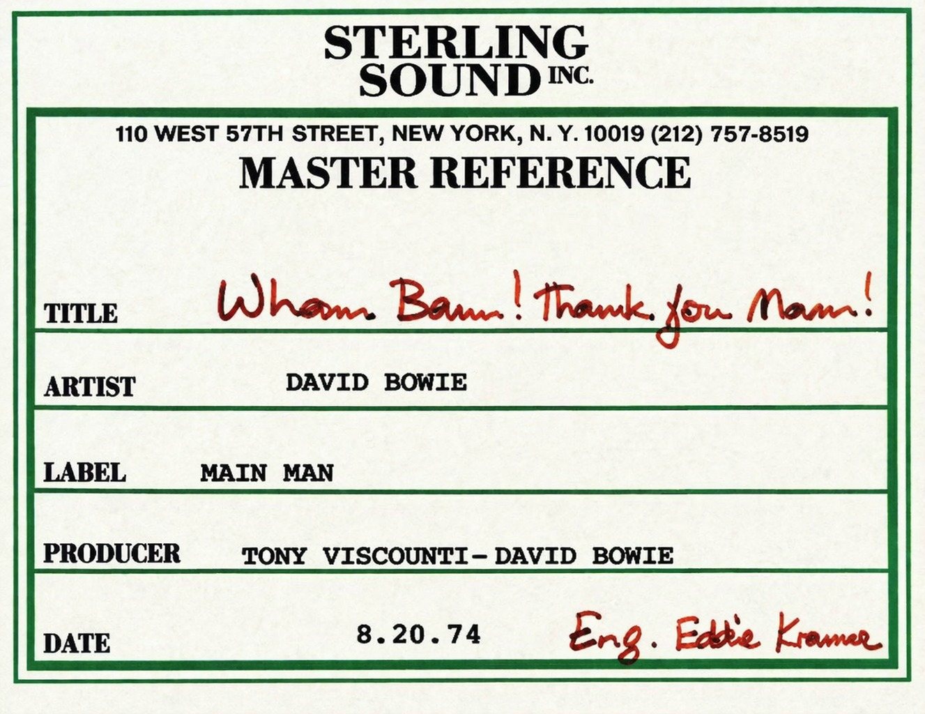 Diamond Dogs: ululati dal futuro 82 Etichetta dell’acetato Sterling Sound di David Live con il titolo provvisorio Wham Bam! Thank You Mam!, 20 agosto 1974