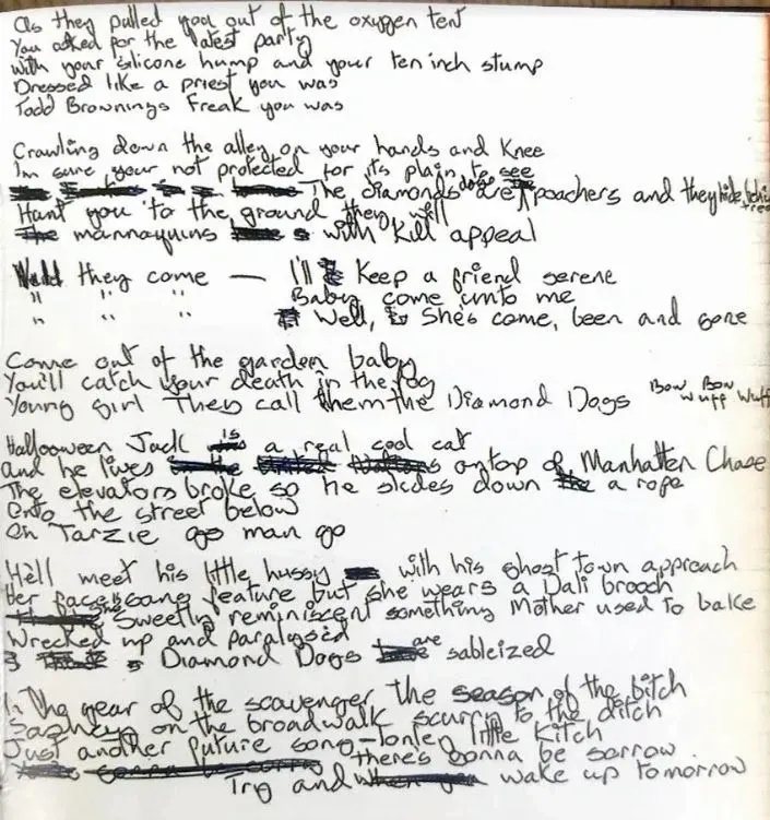 Diamond Dogs: ululati dal futuro 46 Testo manoscritto della canzone Diamond Dogs con le correzioni di David Bowie