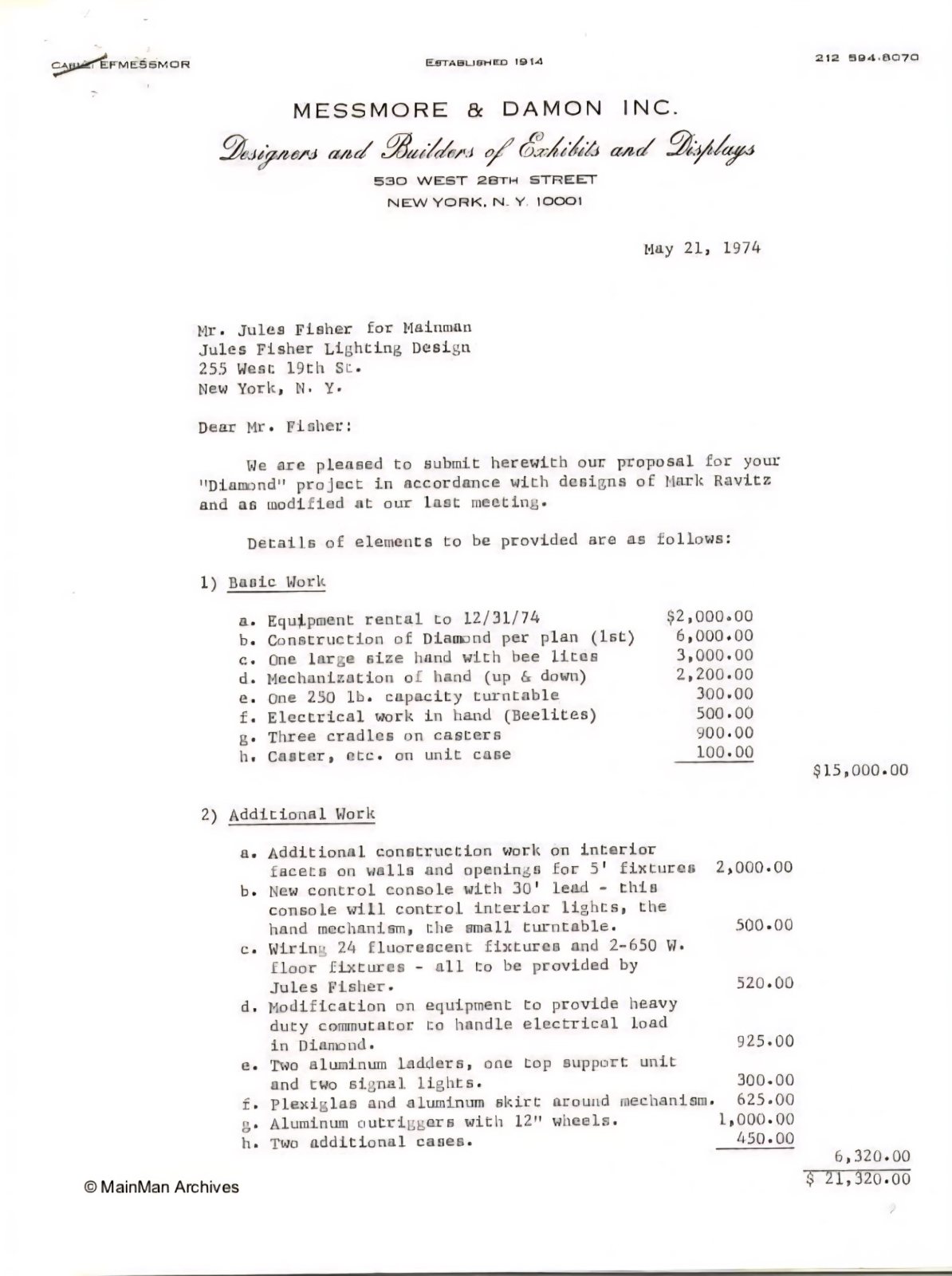 Diamond Dogs: ululati dal futuro 60 Lettera della Messmore & Damon a Jules Fisher con i costi di costruzione della scenografia del Diamond Dogs Tour, maggio 1974