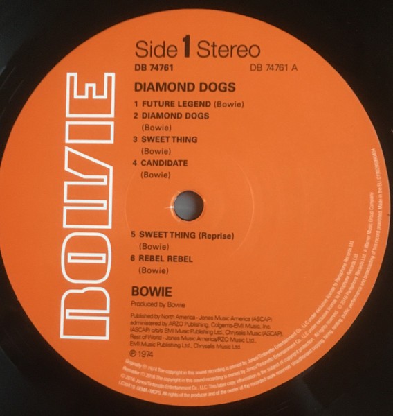 Diamond Dogs: ululati dal futuro 139 Diamond Dogs, vinile del 2016: l’etichetta del lato 1