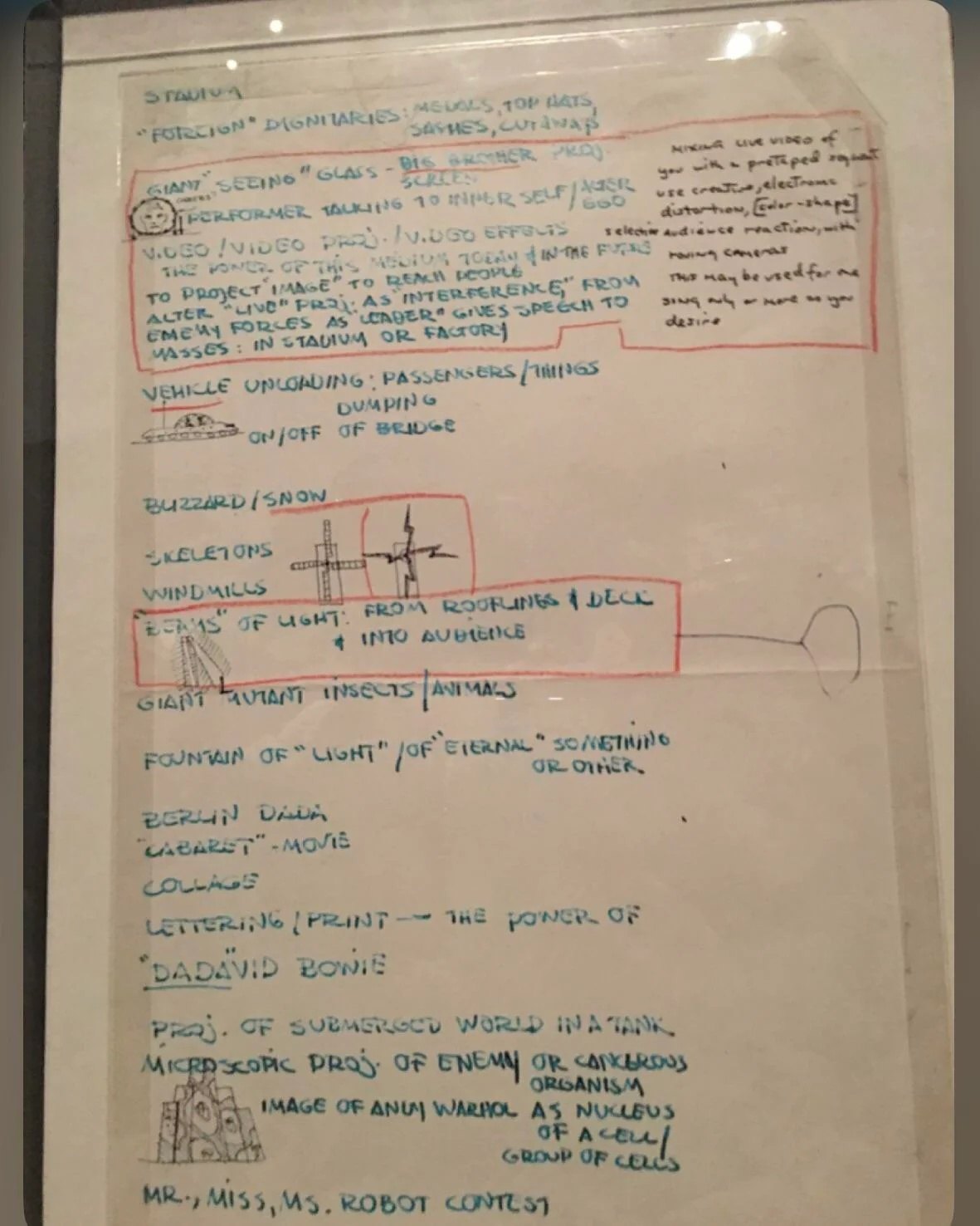 Diamond Dogs: ululati dal futuro 98 Foglio di appunti di David Bowie con le idee visive per il film di Diamond Dogs