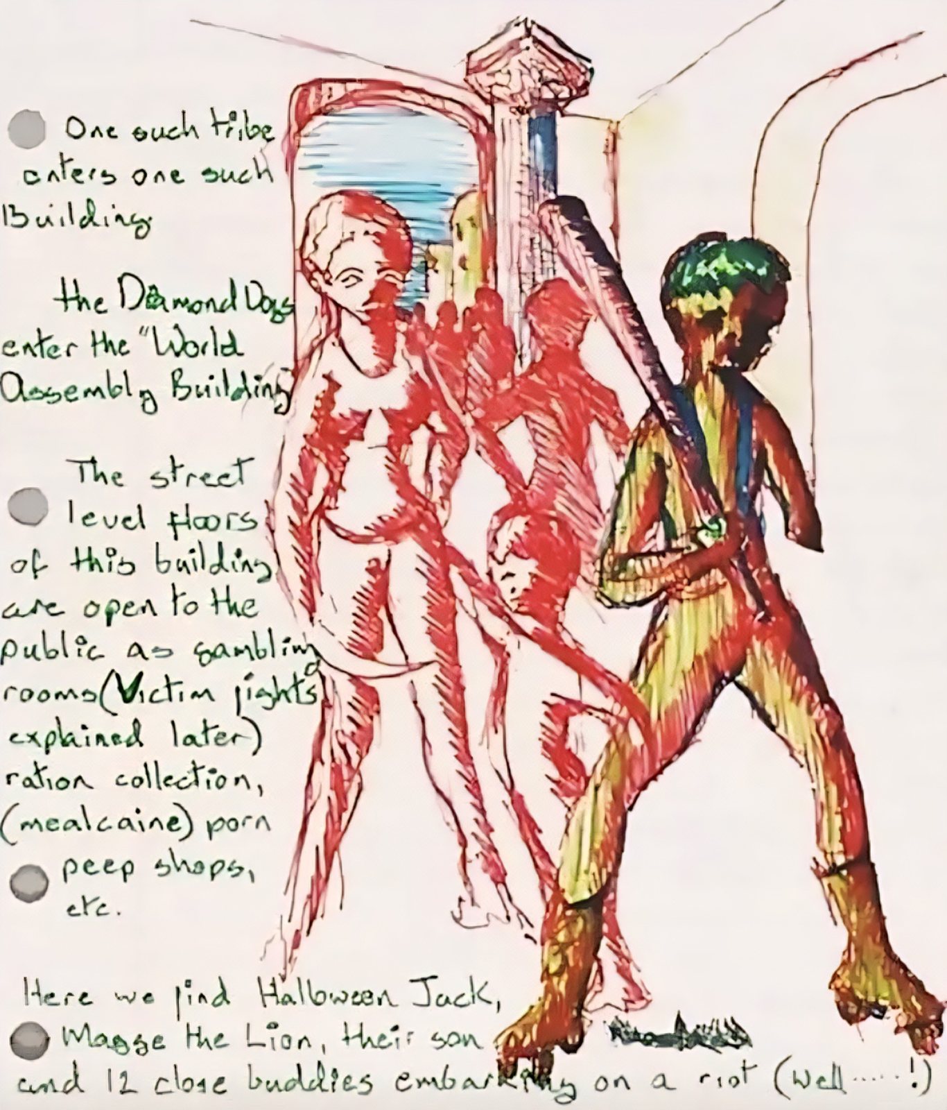 Diamond Dogs: ululati dal futuro 96 Disegno di David Bowie con i personaggi del film di Diamond Dogs davanti al World Assembly Building