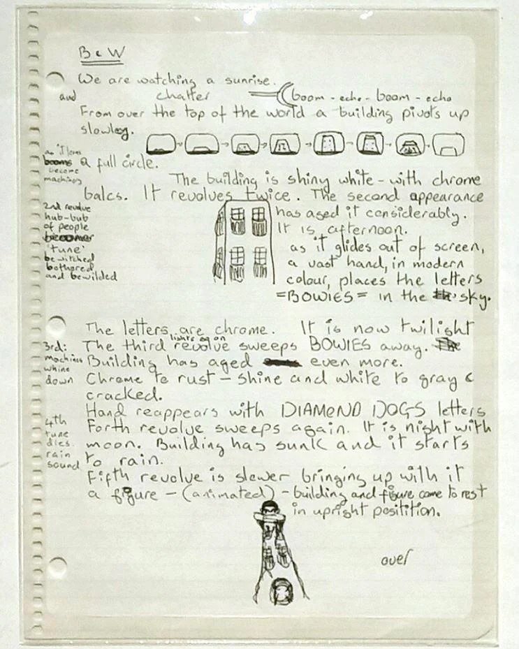 Diamond Dogs: ululati dal futuro 93 Pagina manoscritta di David Bowie con la sequenza d’apertura del film di Diamond Dogs, l’edificio che ruota
