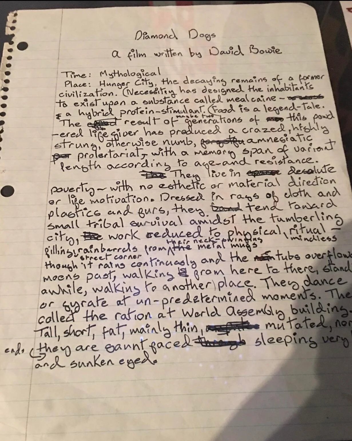 Diamond Dogs: ululati dal futuro 91 Prima pagina del soggetto manoscritto di David Bowie per il film mai realizzato di Diamond Dogs